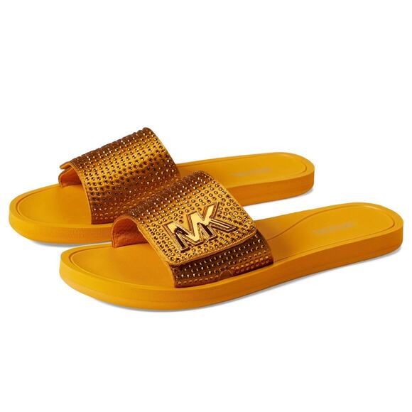 Michael Kors Womens MK Platform Slide Sandals Mari Gold 9 M NEW - Picture 1 of 5